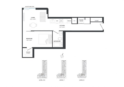 Floor plan for 1 bed, 1 bath, 568 sqft